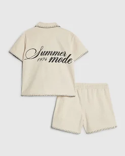 Mini Boys Beige Embroidered Swim Shorts Set