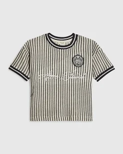 Mini Boys Black Crochet Stripe Football Top