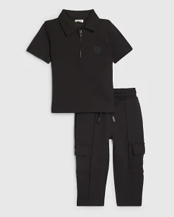 Mini Boys Black Luminis Badge Polo Shirt Set