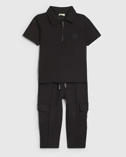 Mini Boys Black Luminis Badge Polo Shirt Set
