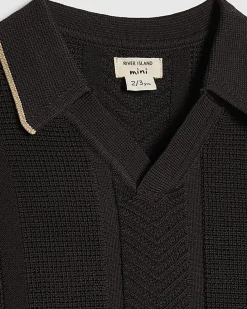 Mini Boys Black Textured Polo Shirt