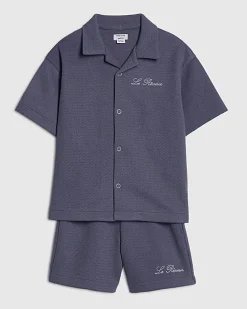 Mini Boys Blue Textured Shirt Set
