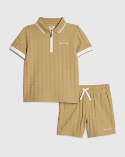 Mini Boys Brown Polo Shirt And Shorts Set