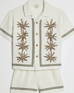 Mini Boys Cream Embroidered Palm Shirt Set