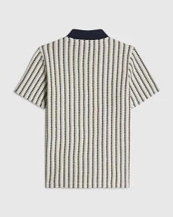Mini Boys Navy Crochet Stripe Zip Polo Shirt