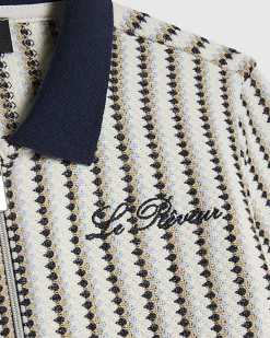 Mini Boys Navy Crochet Stripe Zip Polo Shirt