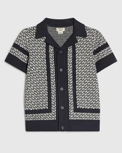 Mini Boys Navy Geometric Print Polo Shirt