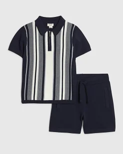 Mini Boys Navy Stripe Polo Shirt Set