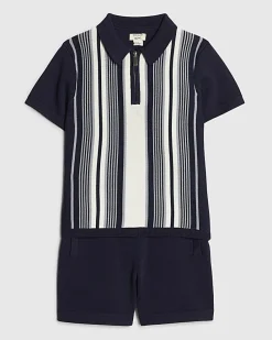 Mini Boys Navy Stripe Polo Shirt Set