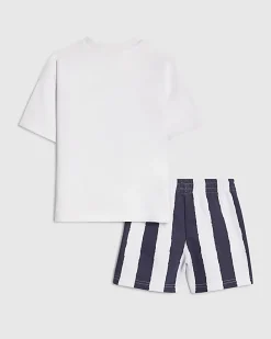 Mini Boys White Dino Striped T-Shirt Set