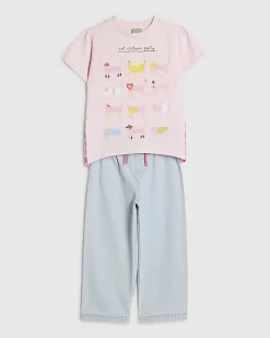 Mini Girl Pink Cat T-Shirt And Jeans Set