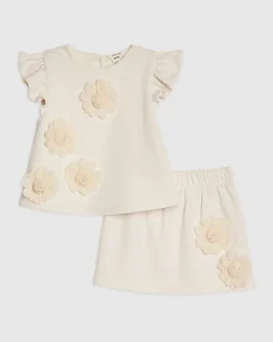Mini Girls Beige 3D Rosette Skirt Set