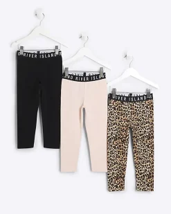 Mini Girls Beige Leopard RI Leggings 3 Pack