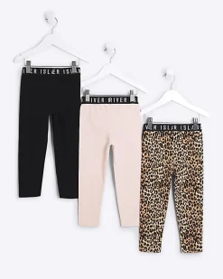Mini Girls Beige Leopard RI Leggings 3 Pack