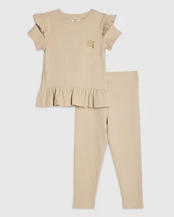 Mini Girls Beige Ribbed Peplum Top Set