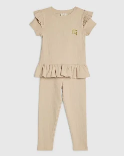 Mini Girls Beige Ribbed Peplum Top Set