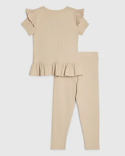 Mini Girls Beige Ribbed Peplum Top Set