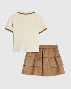 Mini Girls Beige Suede Skirt Set