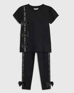 Mini Girls Black Satin Bow T-Shirt Set