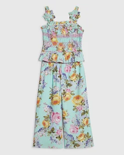 Mini Girls Blue Floral Cotton Trousers Set