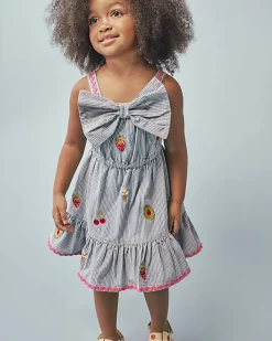 Mini Girls Blue Stripe Embroidered Bow Dress