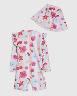 Mini Girls Blue Stripe La Mer Rashsuit Set