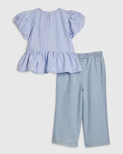 Mini Girls Blue Stripe Top And Jeans Set