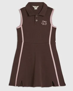 Mini Girls Brown Ribbed Polo Dress