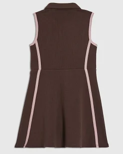 Mini Girls Brown Ribbed Polo Dress