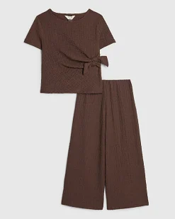 Mini Girls Brown Textured Wide Leg Set