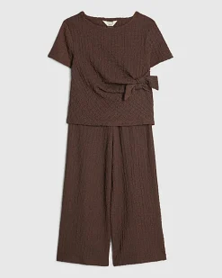 Mini Girls Brown Textured Wide Leg Set