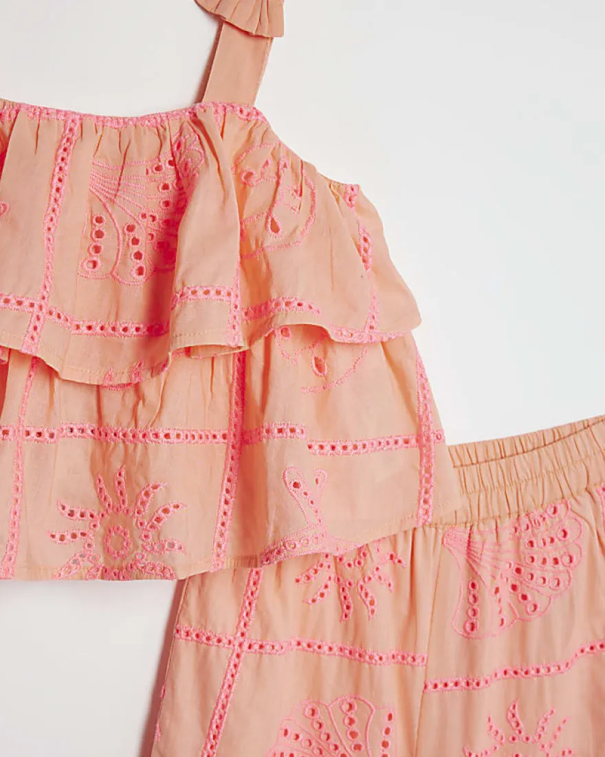 Mini Girls Coral Tiered Broderie Top Set