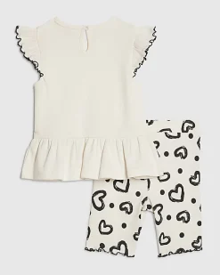 Mini Girls Cream Peplum Rib Heart Shorts Set