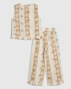 Mini Girls Cream Shell Stripe Trousers Set