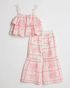 Mini Girls Cream Tiered Broderie Top Set