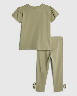Mini Girls Khaki Satin Bow T-Shirt Set