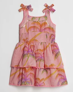 Mini Girls Orange Palm Print Dress