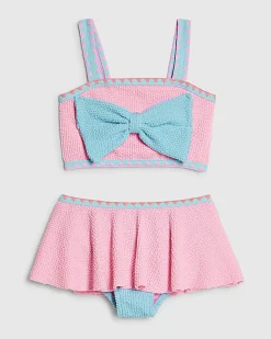 Mini Girls Pink Bow Textured Bikini Set