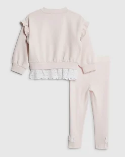 Mini Girls Pink Broderie Hem Sweatshirt Set