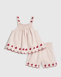 Mini Girls Pink Denim Heart Shorts Set