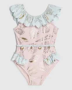 Mini Girls Pink Foiled Frill Swimsuit