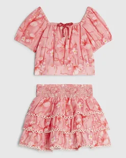 Mini Girls Pink Hibiscus Bow Skirt Set