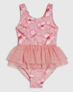Mini Girls Pink Hibiscus Bow Tutu Swimsuit