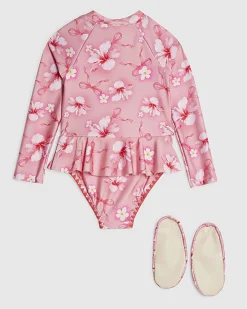 Mini Girls Pink Hibiscus Swimsuit & Shoe Set