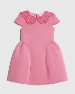 Mini Girls Pink Lace Collar Bow Back Dress