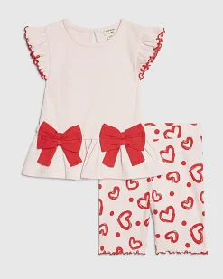 Mini Girls Pink Peplum Rib Heart Shorts Set