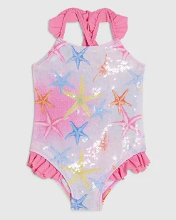 Mini Girls Pink Starfish Sequin Swimsuit