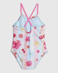 Mini Girls Pink Stripe Beach Print Swimsuit