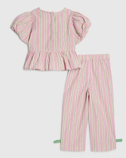 Mini Girls Pink Stripe Bow Wide Leg Set