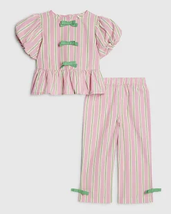 Mini Girls Pink Stripe Bow Wide Leg Set